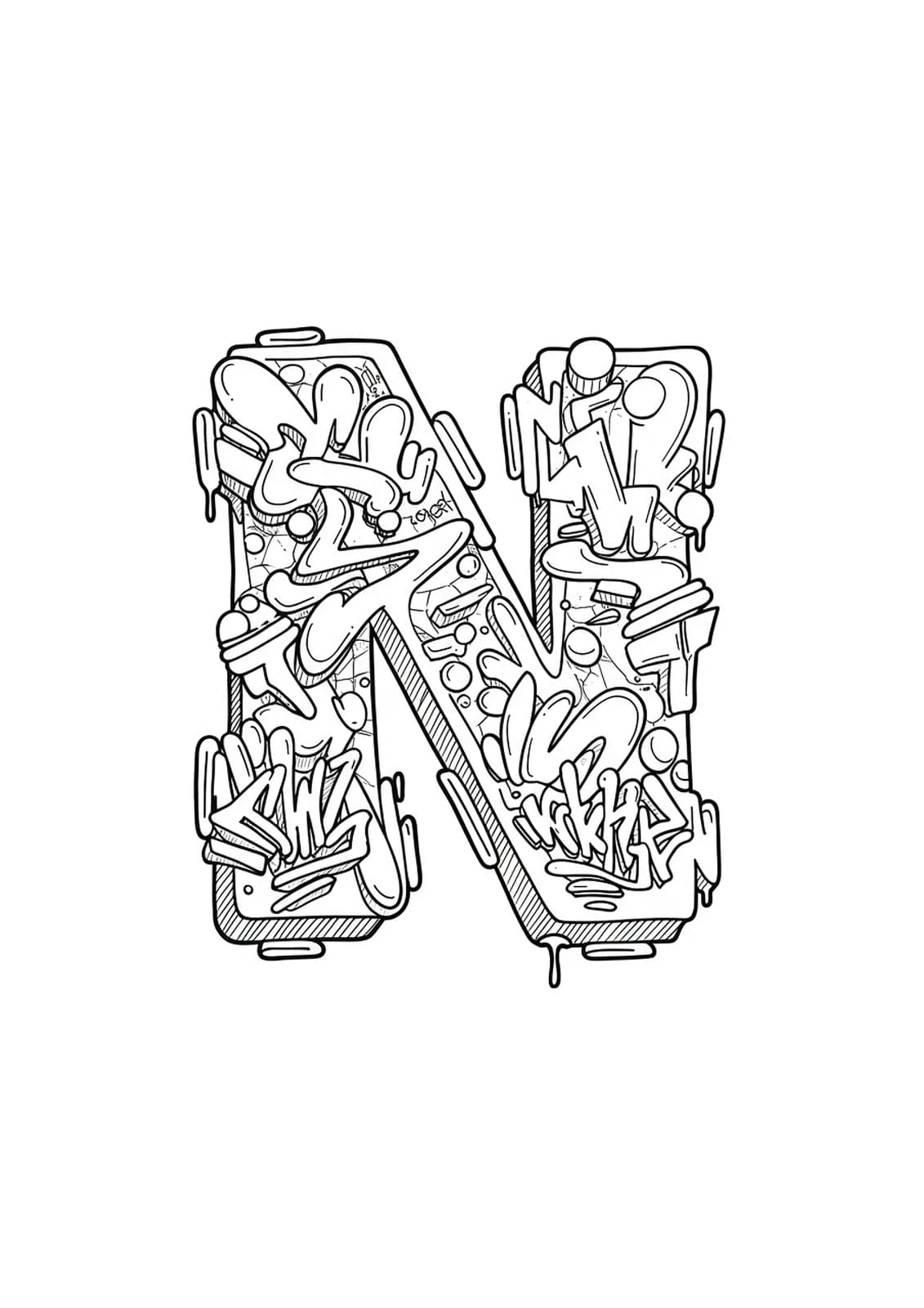 Letter N in complex graffiti style with overlapping tags, urban motifs, and spray paint details.