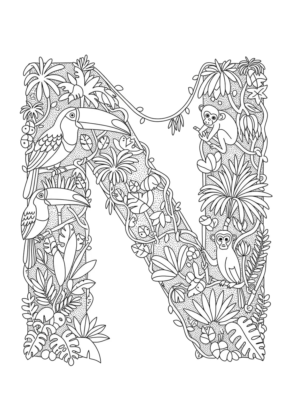 Intricate letter N with jungle leaves, vines, and animals like toucans and monkeys for coloring