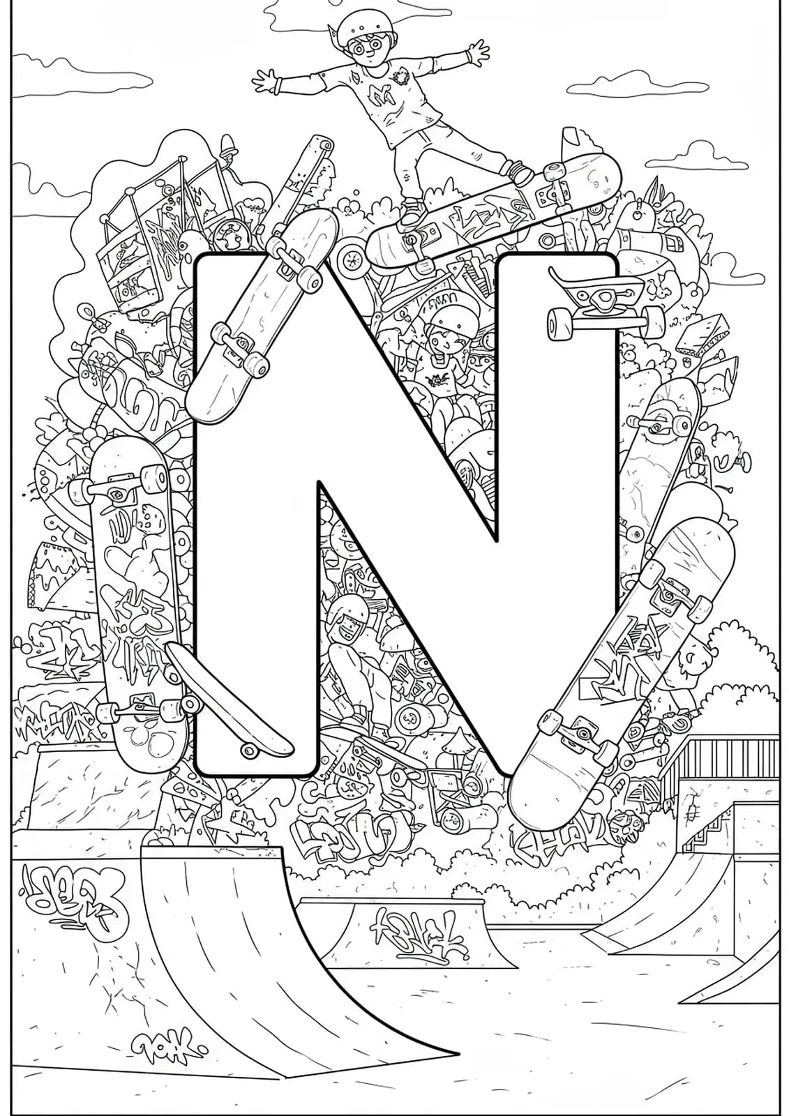 Letter N surrounded by intricate skateboards, ramps, graffiti, and urban scenery.