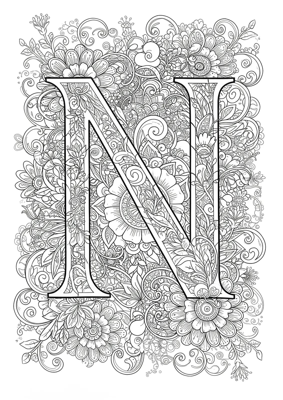 Black and white mandala garden patterns forming and surrounding the letter N, with flowers and vines.