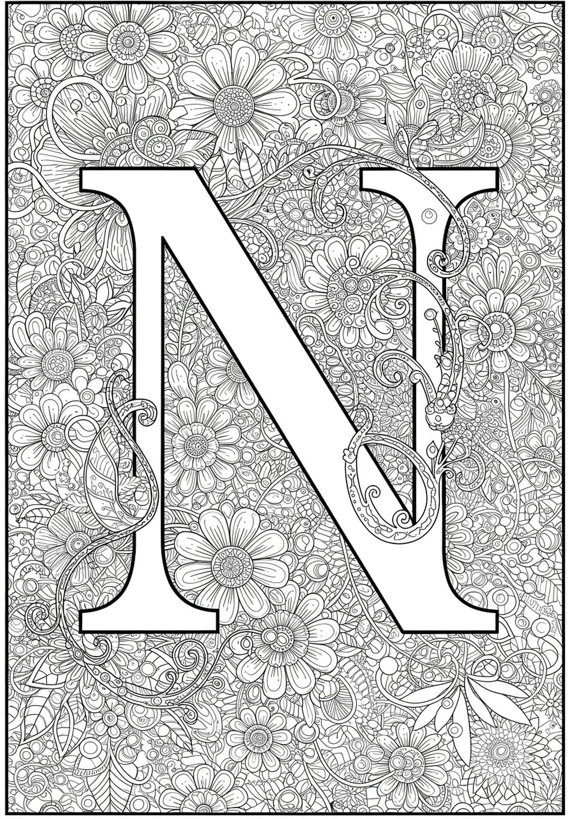 Intricate letter N surrounded by detailed mandala garden patterns, flowers, and vines for adult coloring.