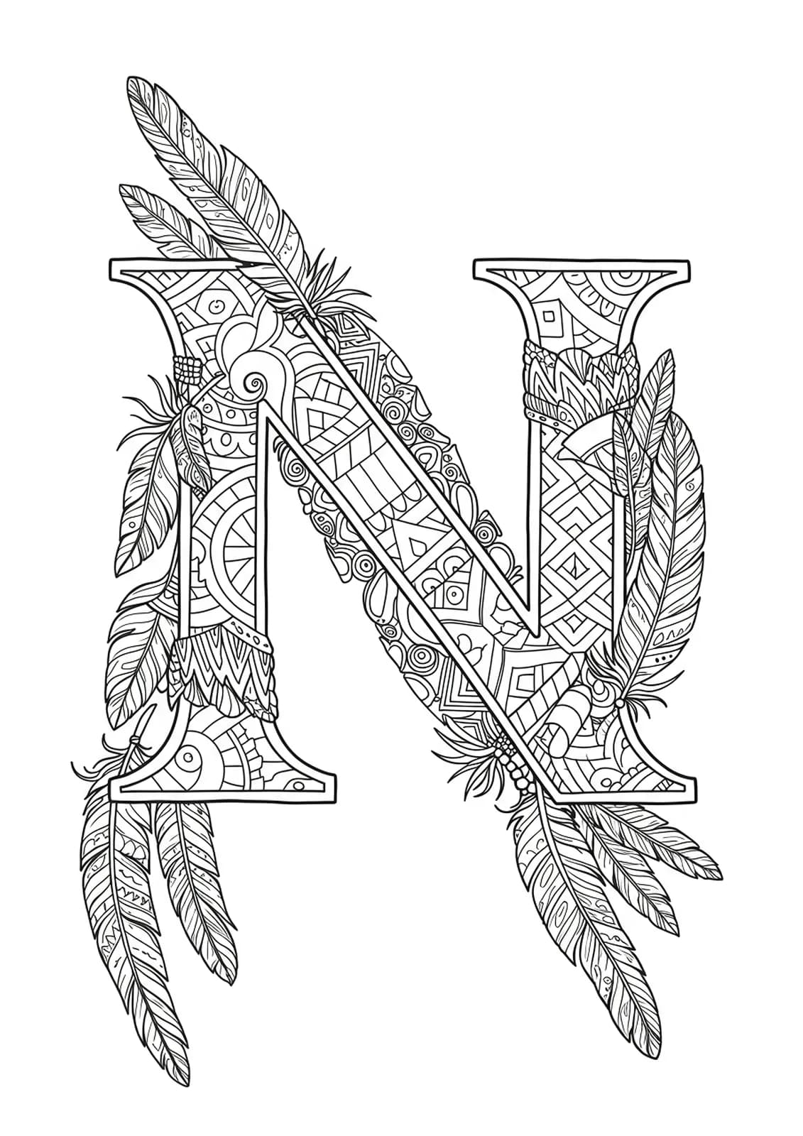 Letter N with geometric and tribal patterns, including feathers and lines woven throughout.