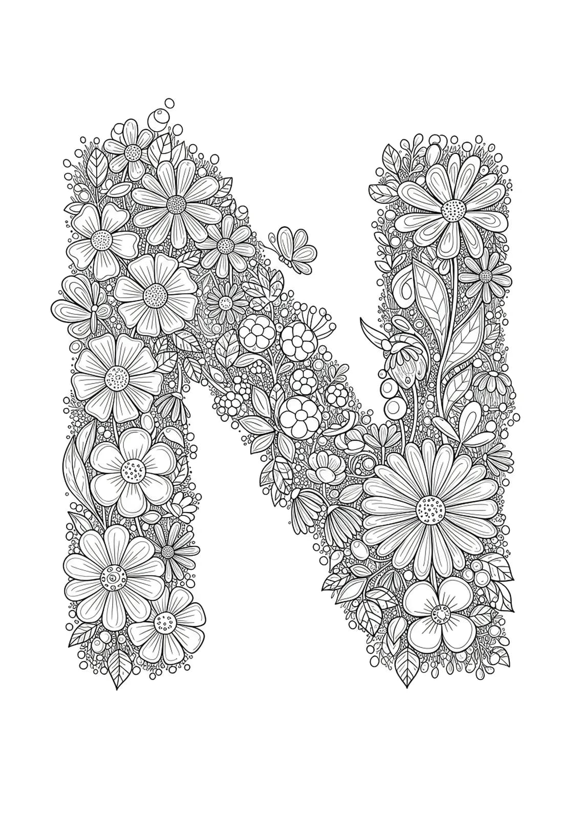 Intricate coloring page with letter N surrounded by detailed garden plants, flowers, and butterflies for preschoolers.