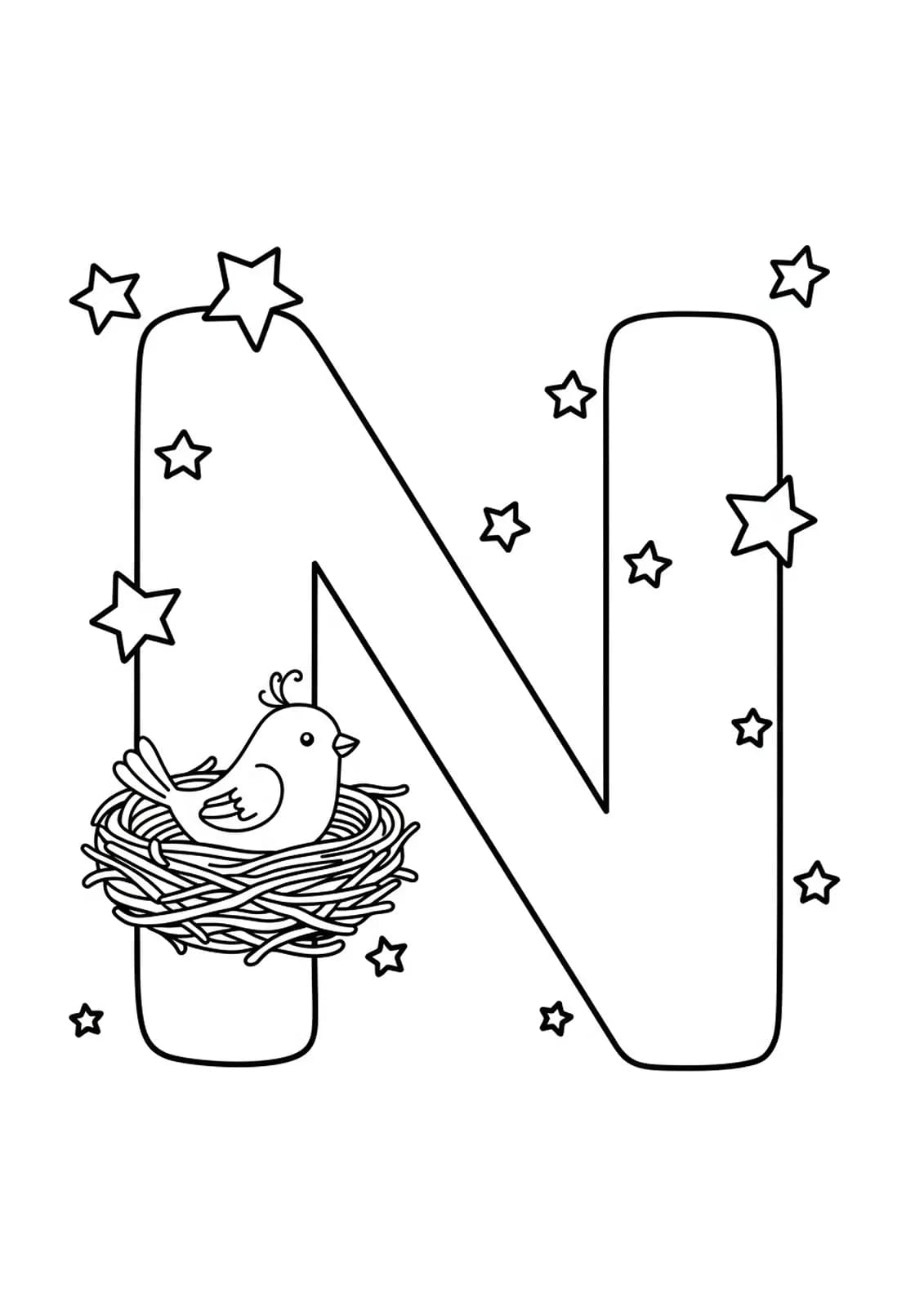 Large letter N with a nest, bird, and stars for coloring