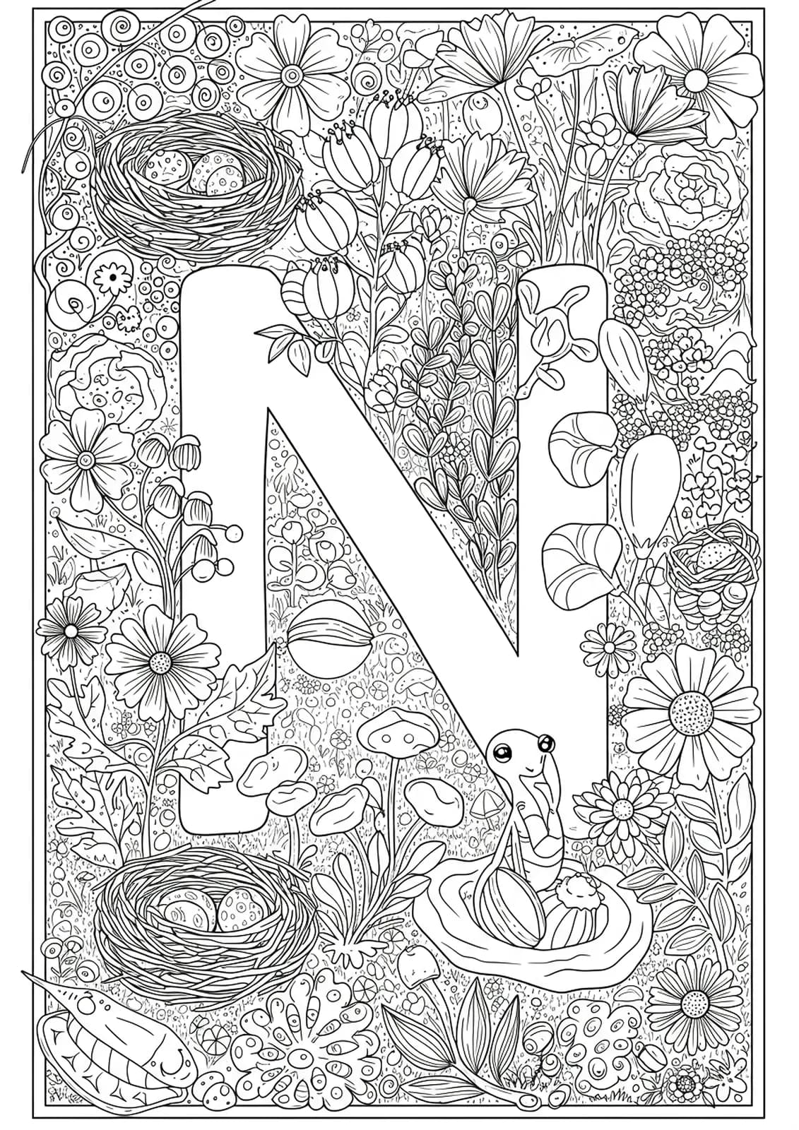 Letter N surrounded by nature elements like nests, newts, and nut trees, designed for kids to color.