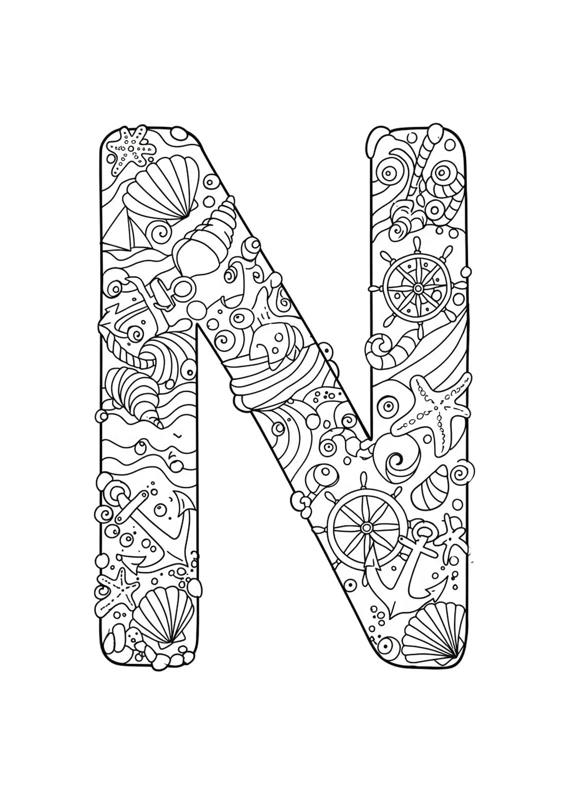 Letter N with nautical elements like anchors, waves, and ship wheels in detailed line art.