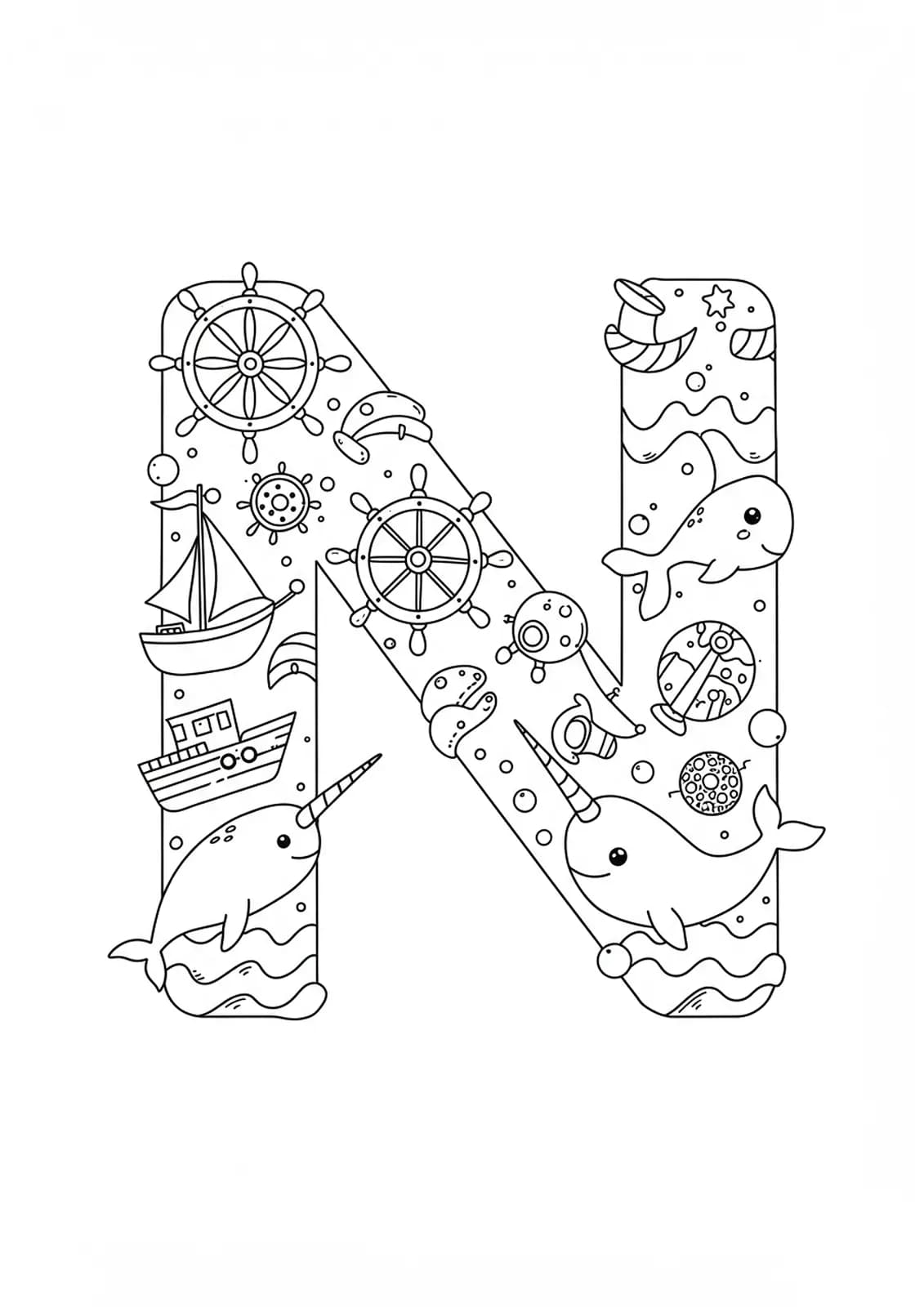 Letter N on a nautical scene with ships, navigation wheel, narwhal, and waves for coloring.