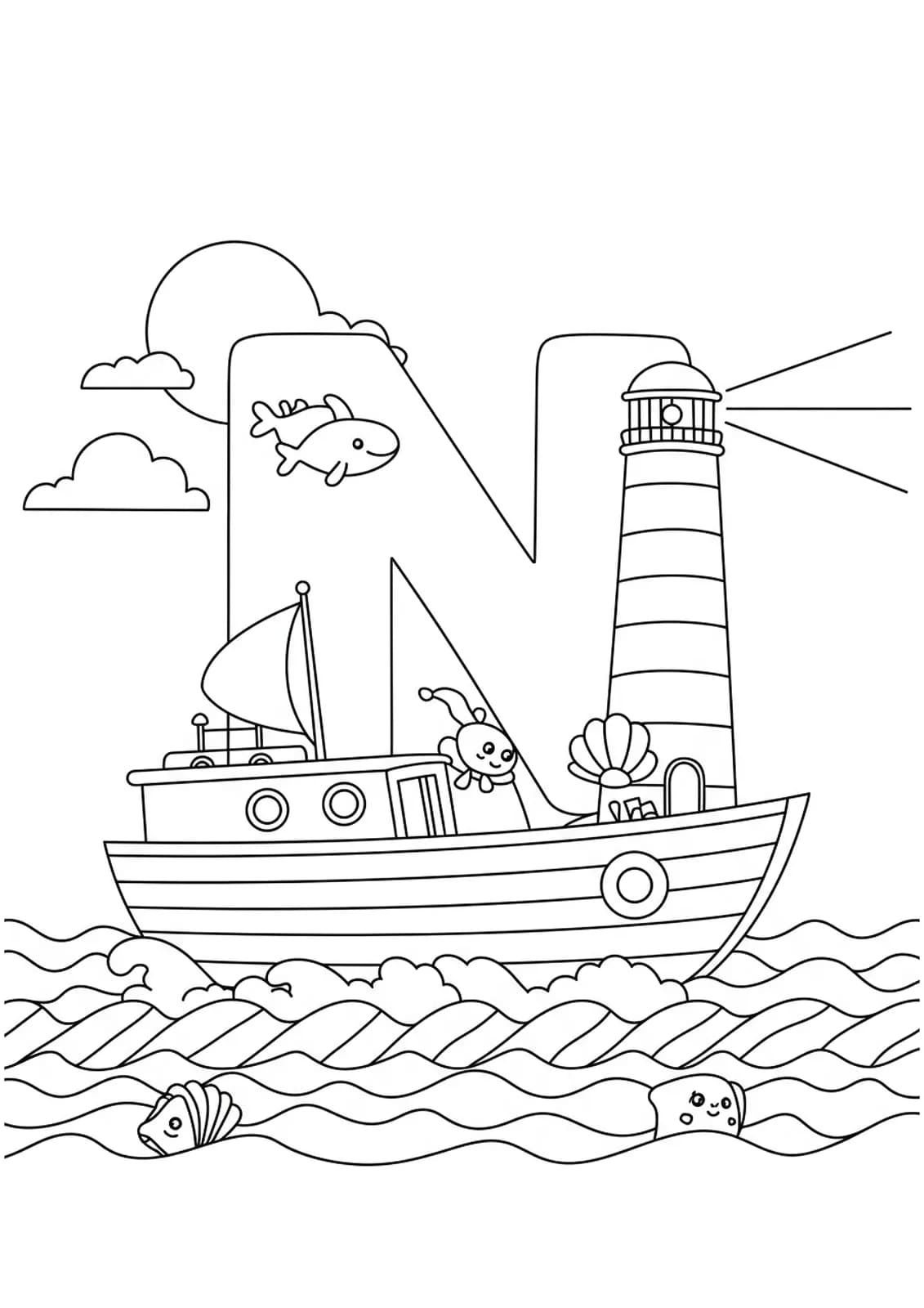 Big letter N on a boat with waves, lighthouse, and sea creatures, medium detail for preschool coloring.