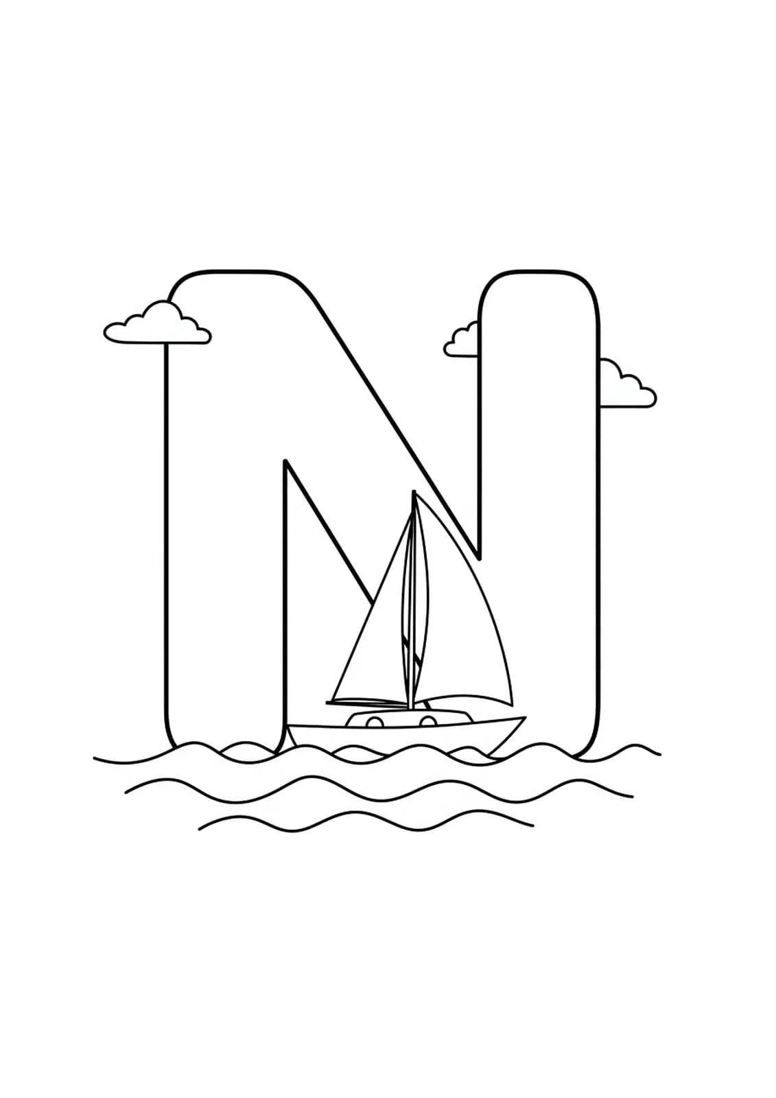 Large letter N with a simple sailboat on water for coloring