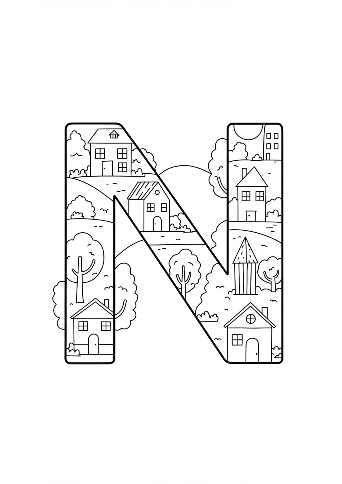 Large letter N with houses and trees from a neighborhood for coloring