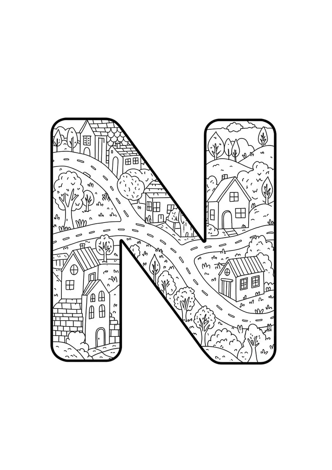 Letter N among several houses, trees, and a street, medium detail, for preschoolers to color.