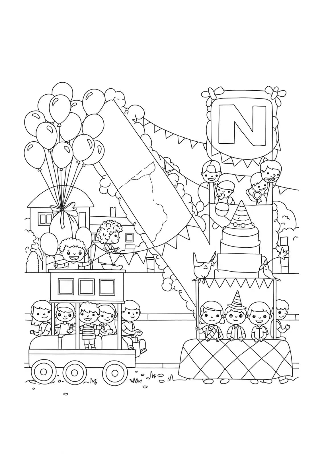 Letter N with a festive neighborhood parade, children, balloons, and floats for coloring.