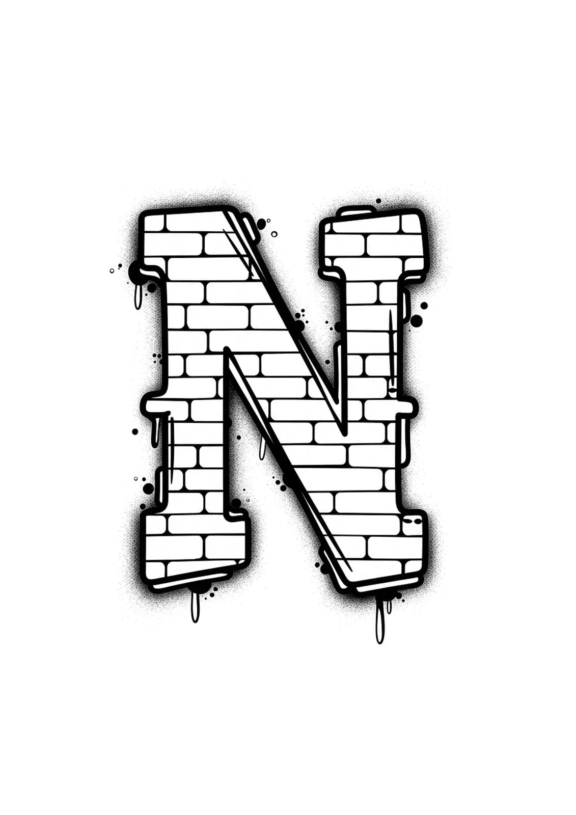 Simple black and white graffiti-style letter N with bold outlines for easy coloring.