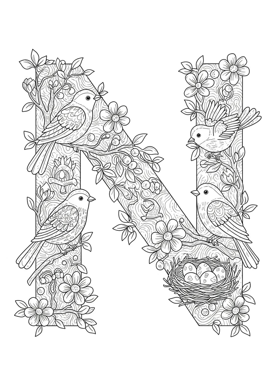 Letter N with birds, nests, branches, and eggs in intricate line art.