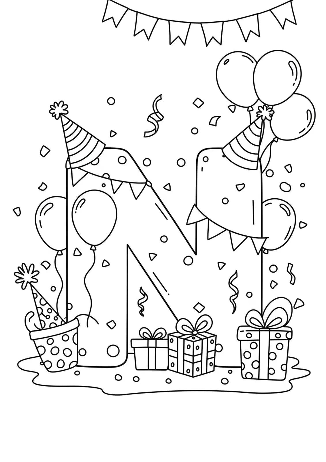 Large letter N surrounded by party hats, confetti, and balloons, New Year theme for preschoolers.