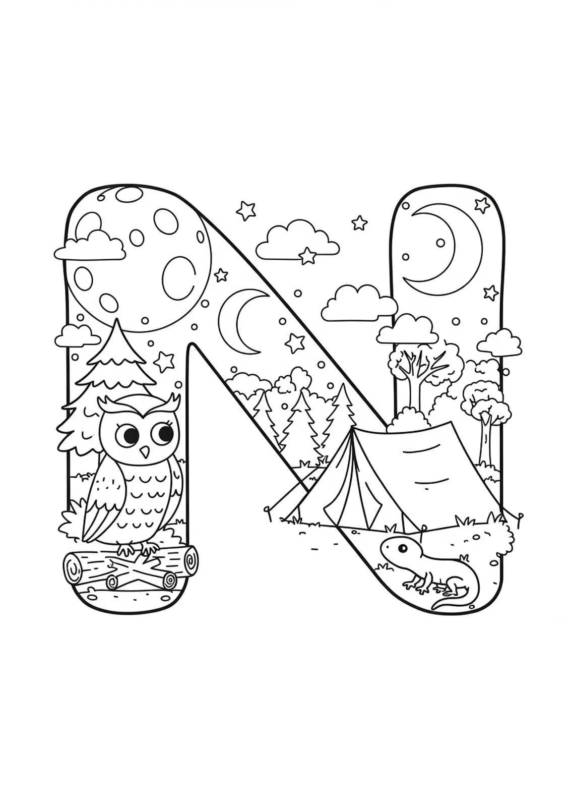 Letter N with a camping scene at night, including a tent, moon, and nocturnal animals.