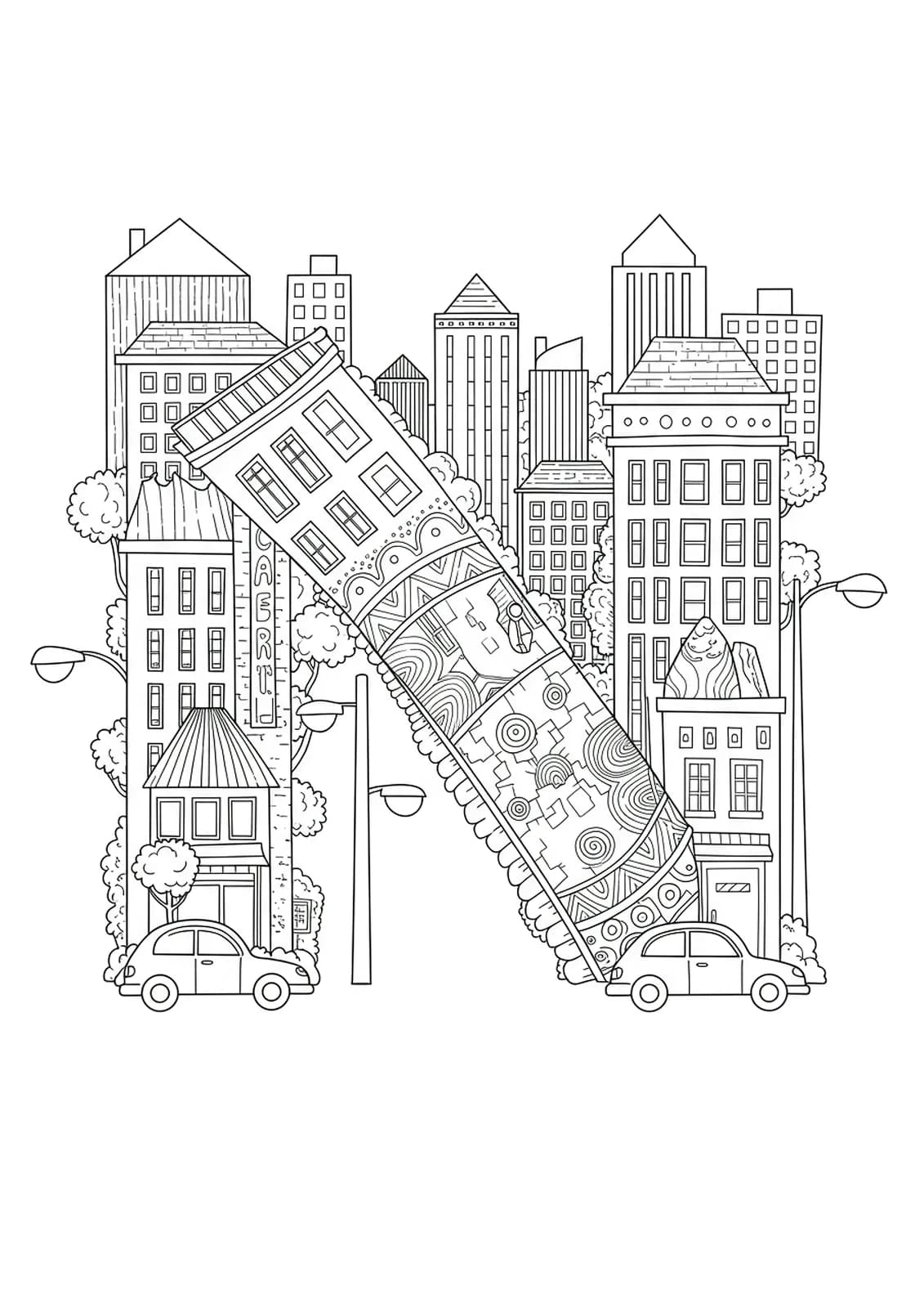 Intricate coloring page of letter N in a cityscape with patterned buildings, streetlights, and cars.