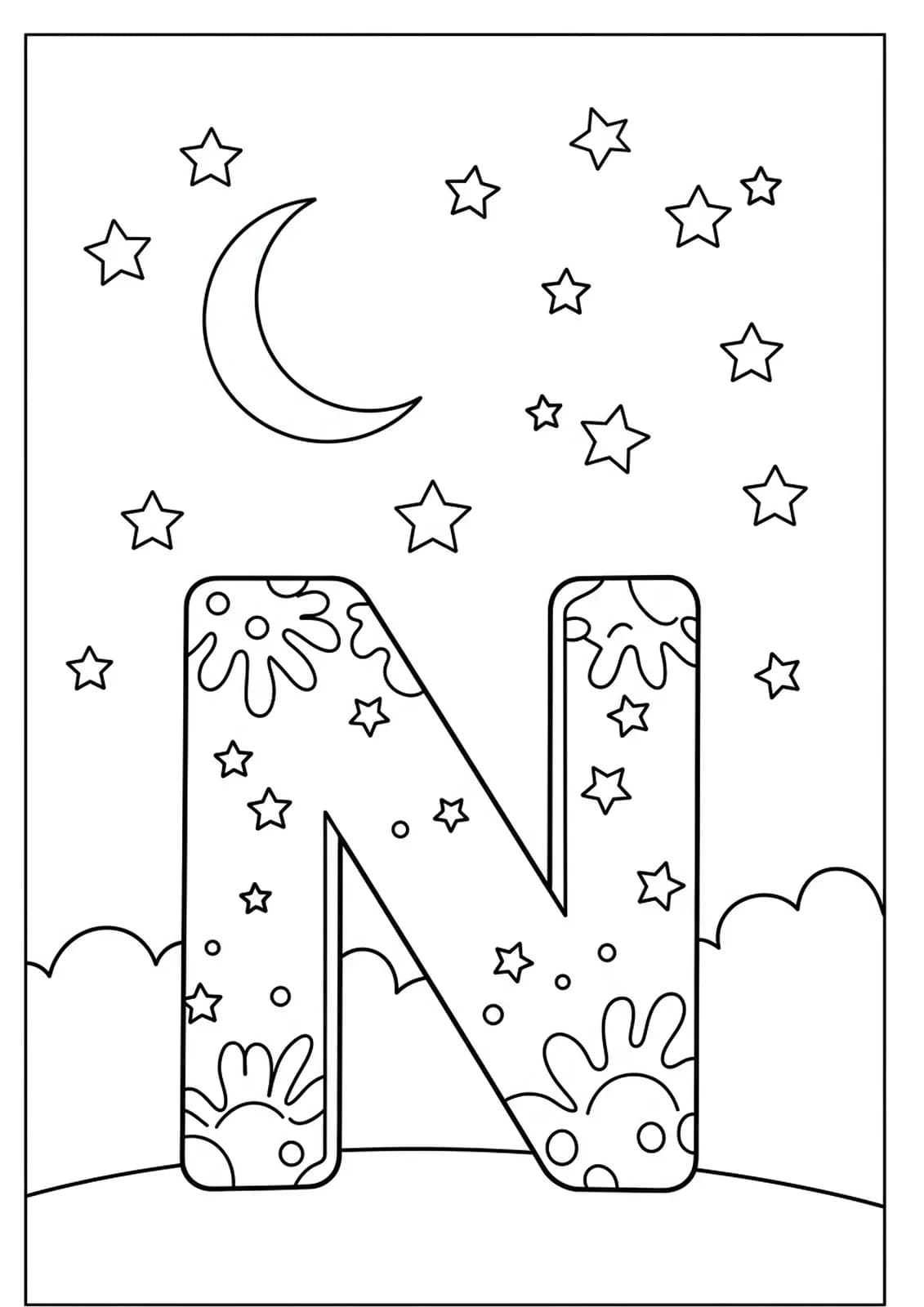 Letter N under a night sky with a crescent moon and stars for coloring