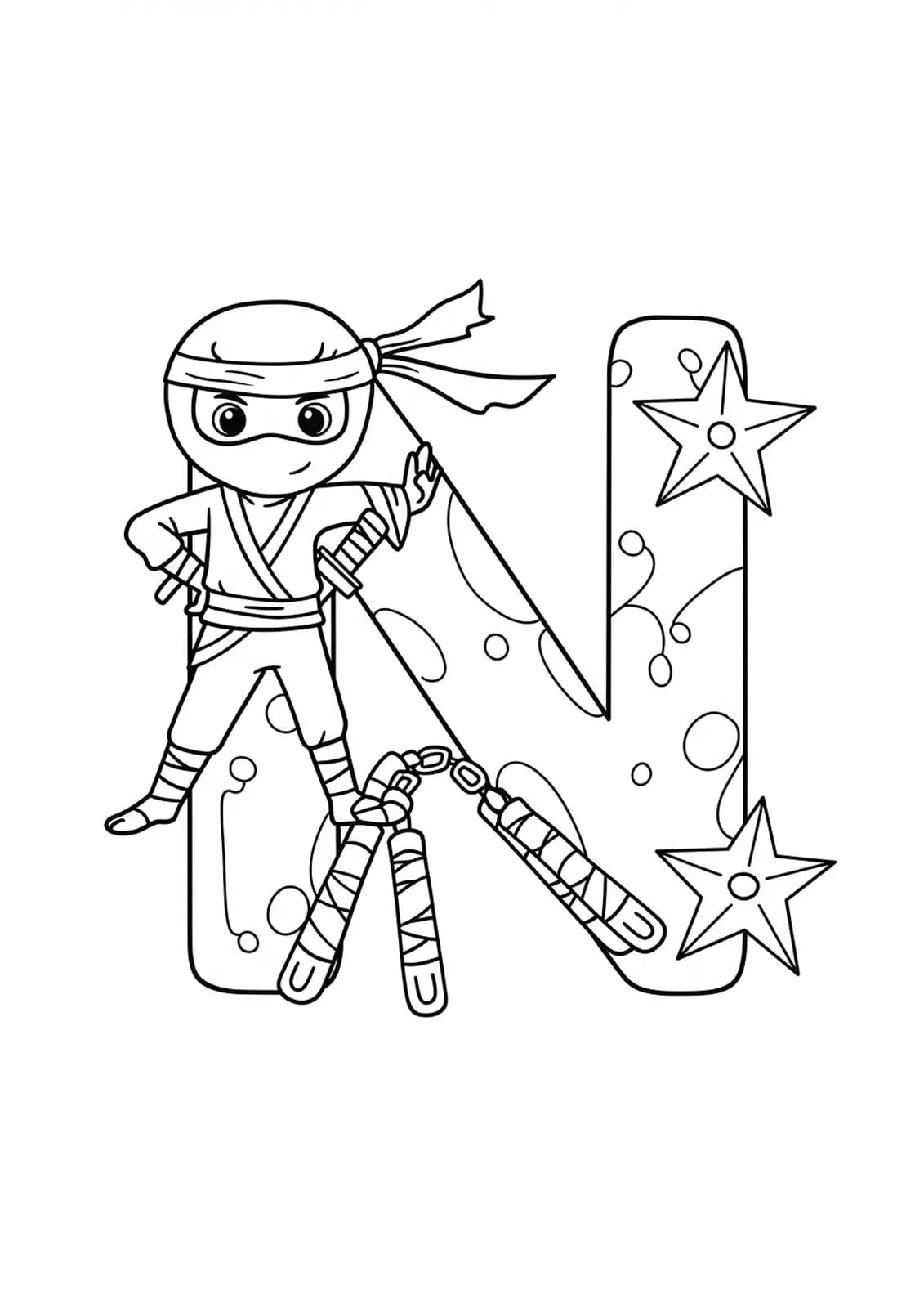 Letter N with a cartoon ninja, nunchucks, and shuriken, designed for children to color.