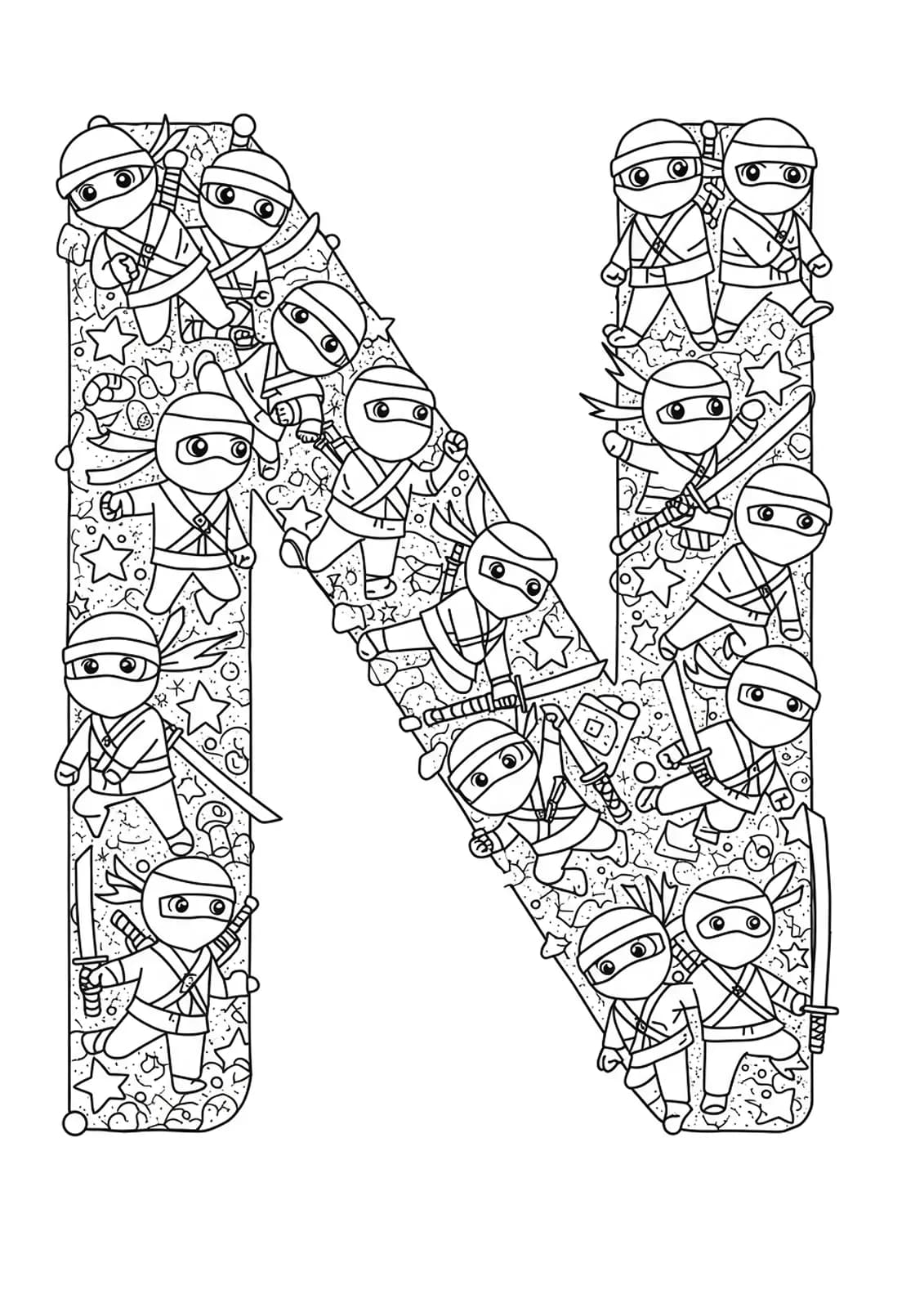 Coloring page with letter N designed as a maze, with detailed ninja characters, stars, and swords.
