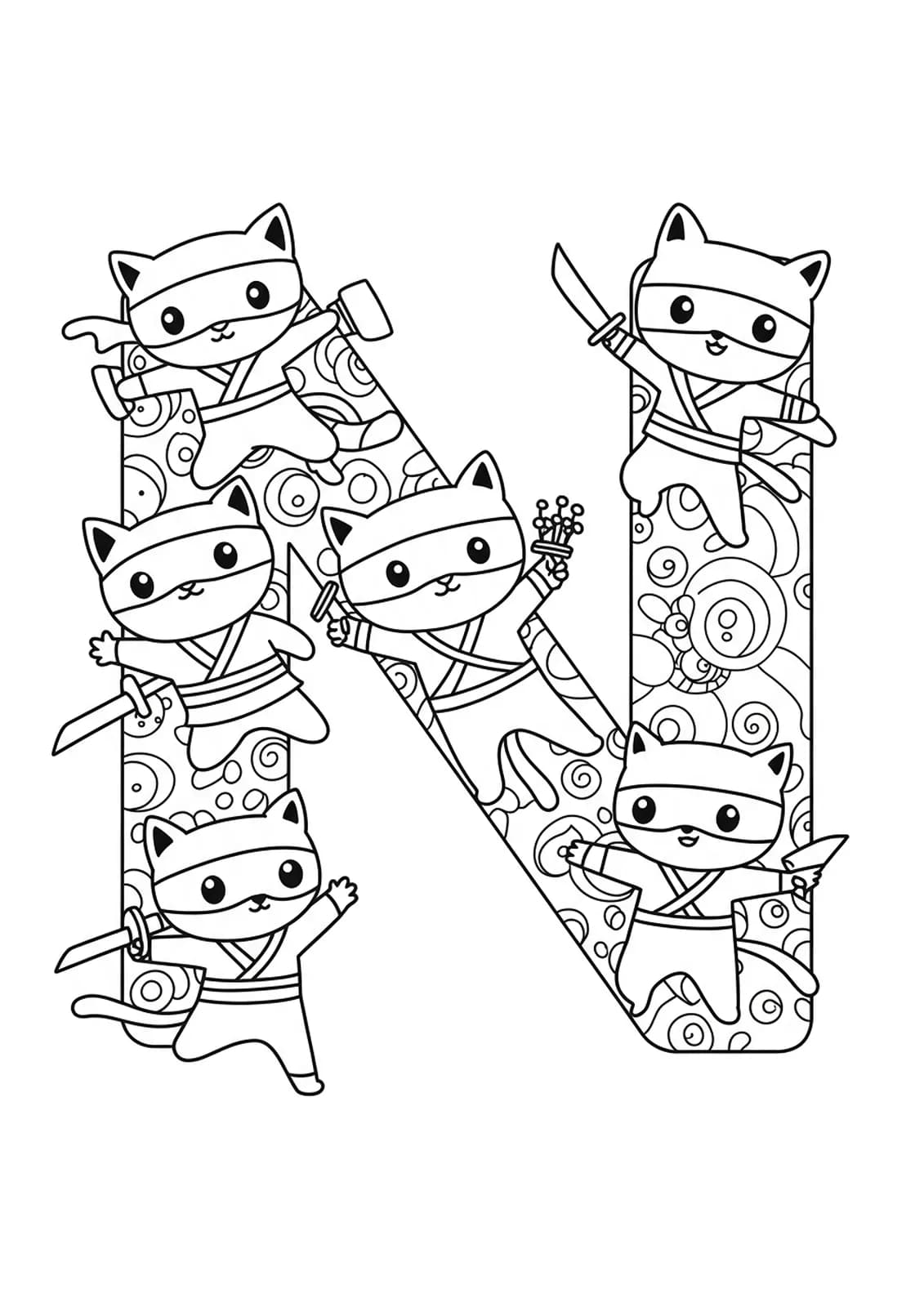 Letter N with fantasy ninja cats in action poses and fun accessories, for kids to color.