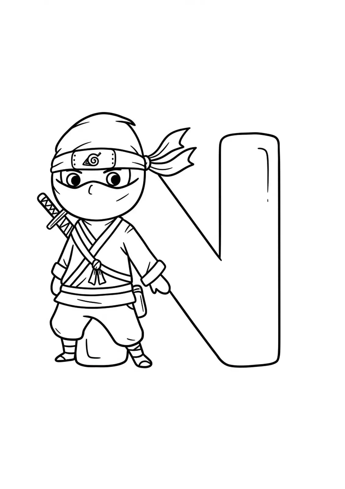 Large letter N with a cute cartoon ninja character for coloring