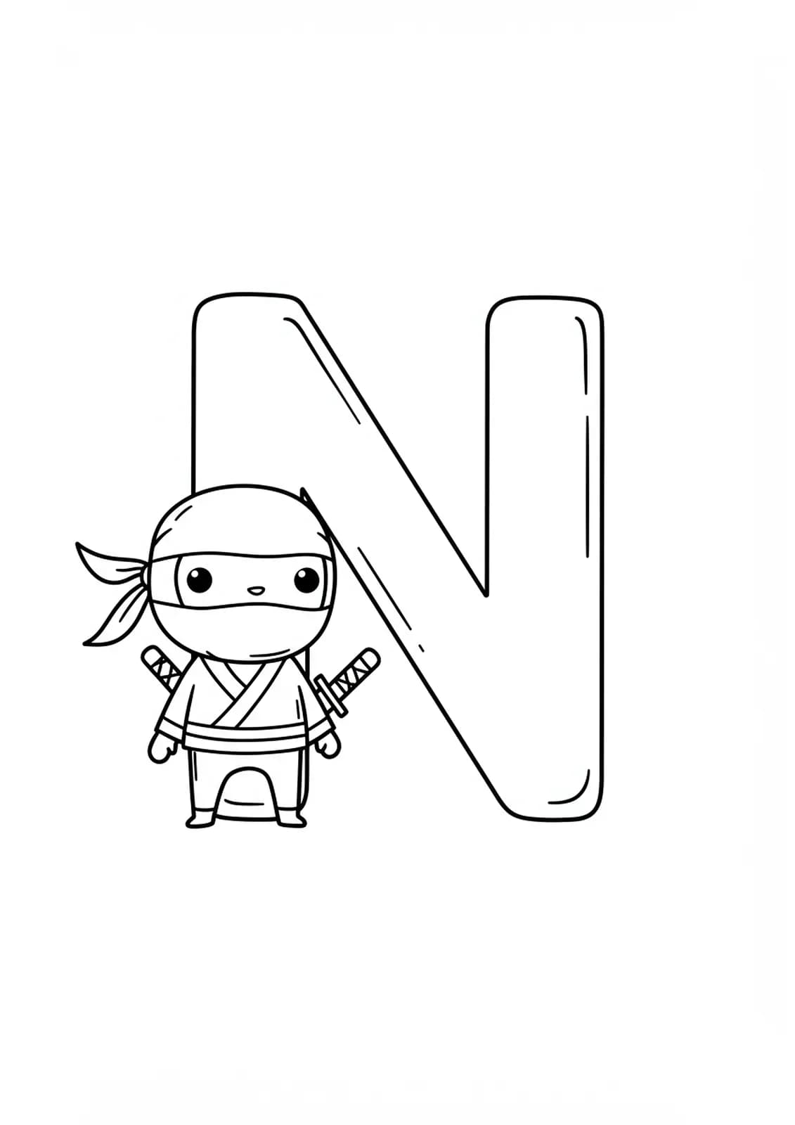 Big letter N with a smiling ninja character in a playful pose, medium detail for preschoolers.