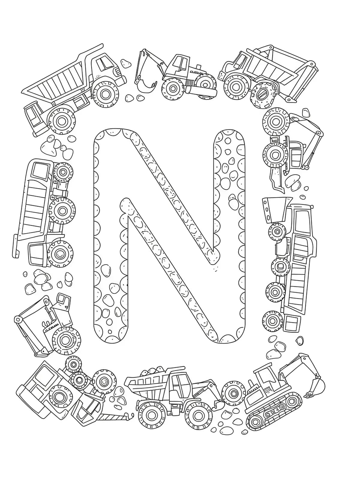 Detailed coloring page of letter N with construction vehicles like dump trucks and cranes with intricate patterns.