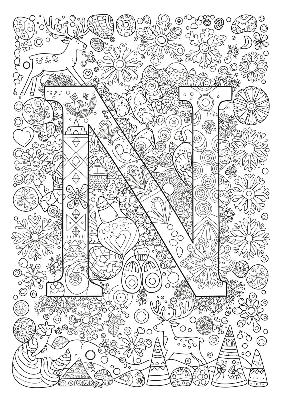 Letter N with snowflakes, reindeer, and Nordic geometric patterns in detailed line art.