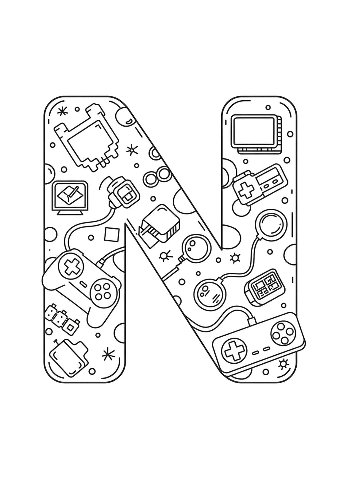 Letter N with pixel art icons and a simple vintage game controller.