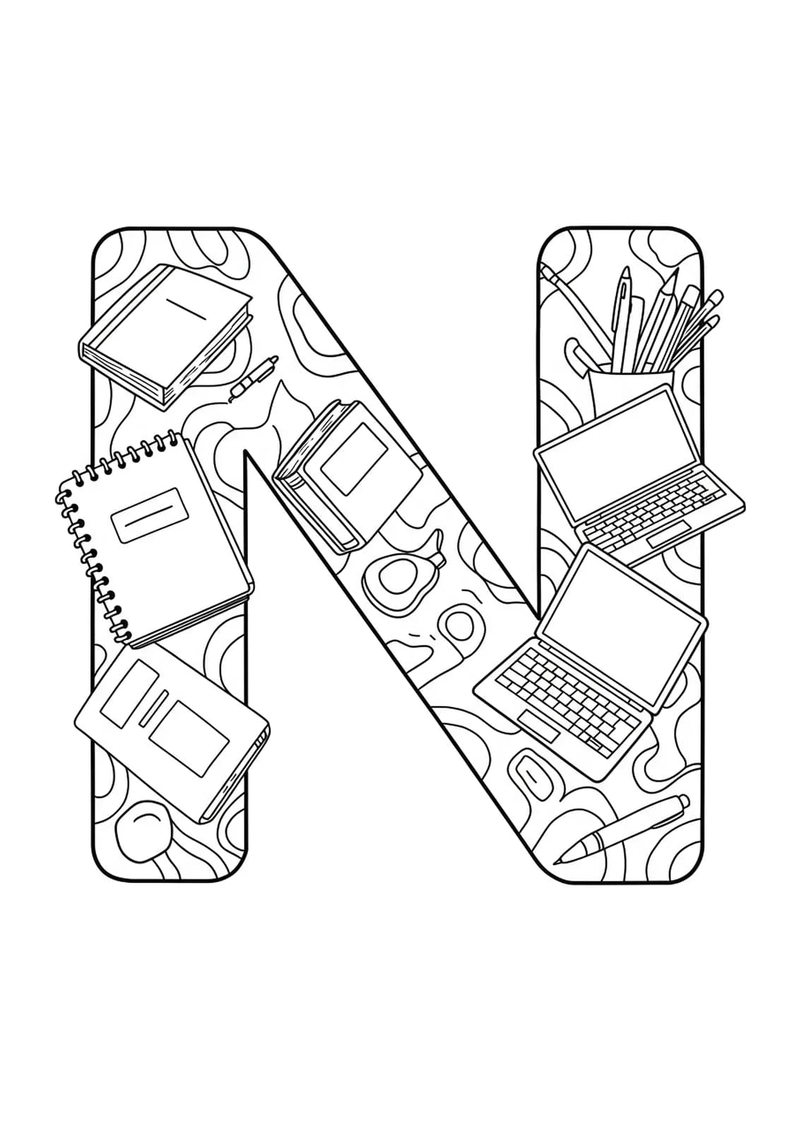 Letter N with outlined books, notebooks, pencils, and a laptop in a simple setup.