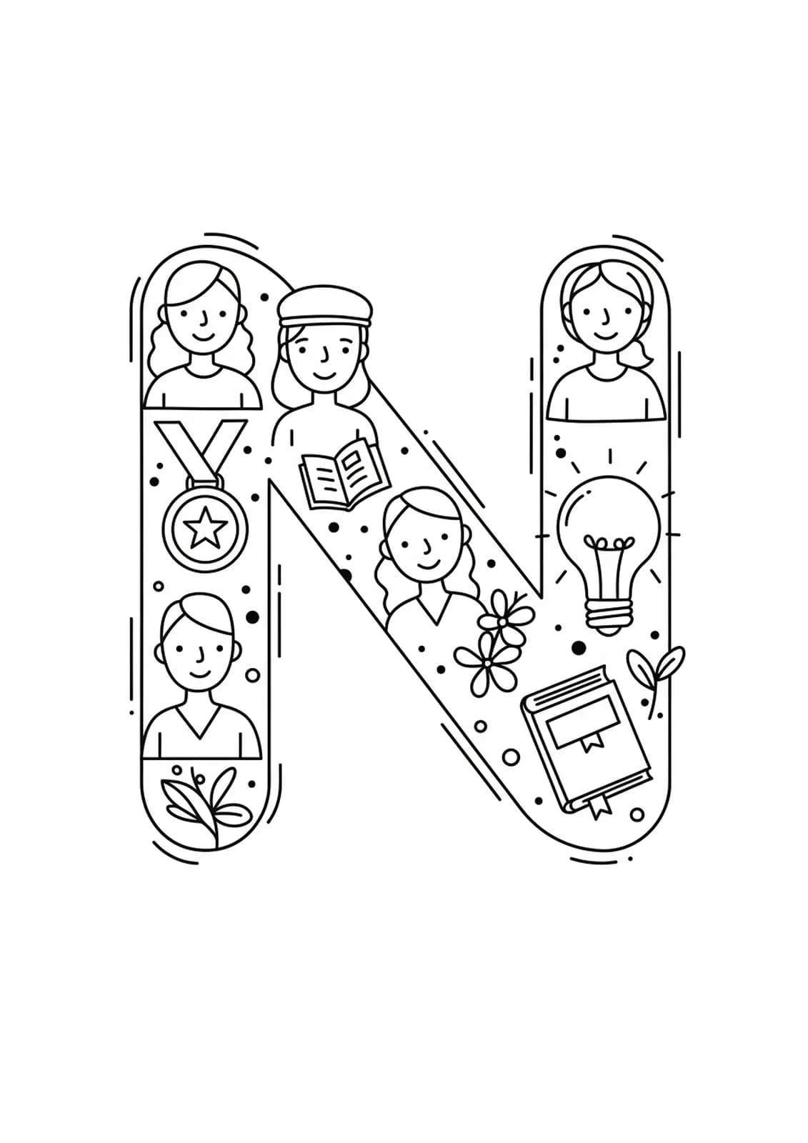Letter N with outline icons of a medal, lightbulb, and book symbolizing notable women.
