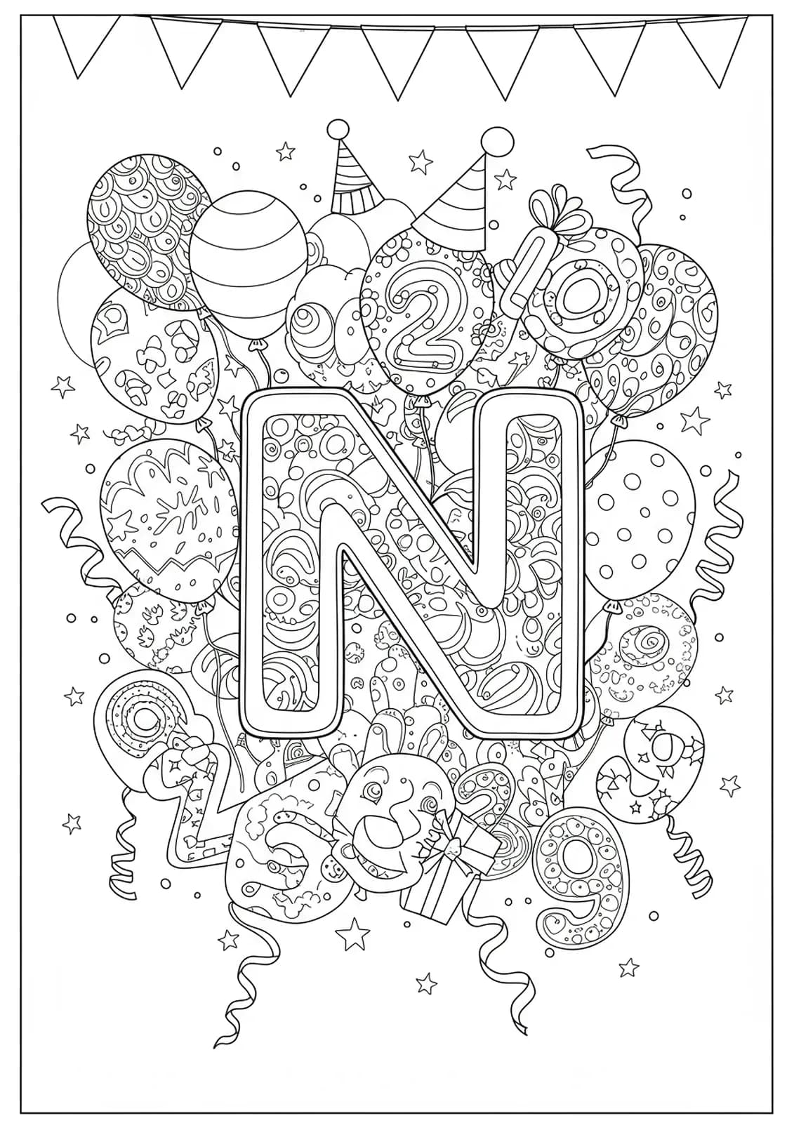 Coloring page with letter N, patterned balloons, streamers, and detailed numbers for a celebration theme.
