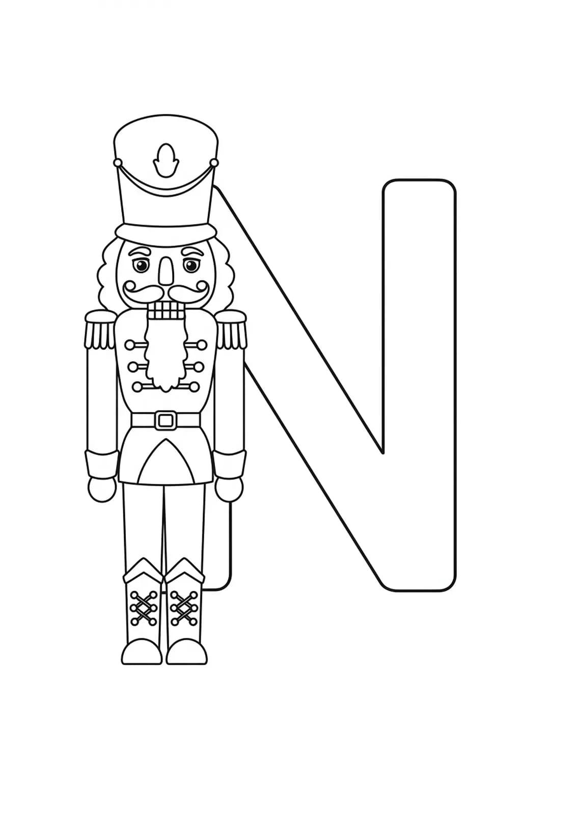 Letter N with a classic nutcracker figure for coloring