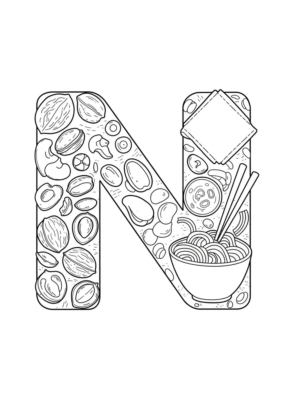 Letter N with nuts, noodles, and a napkin for coloring