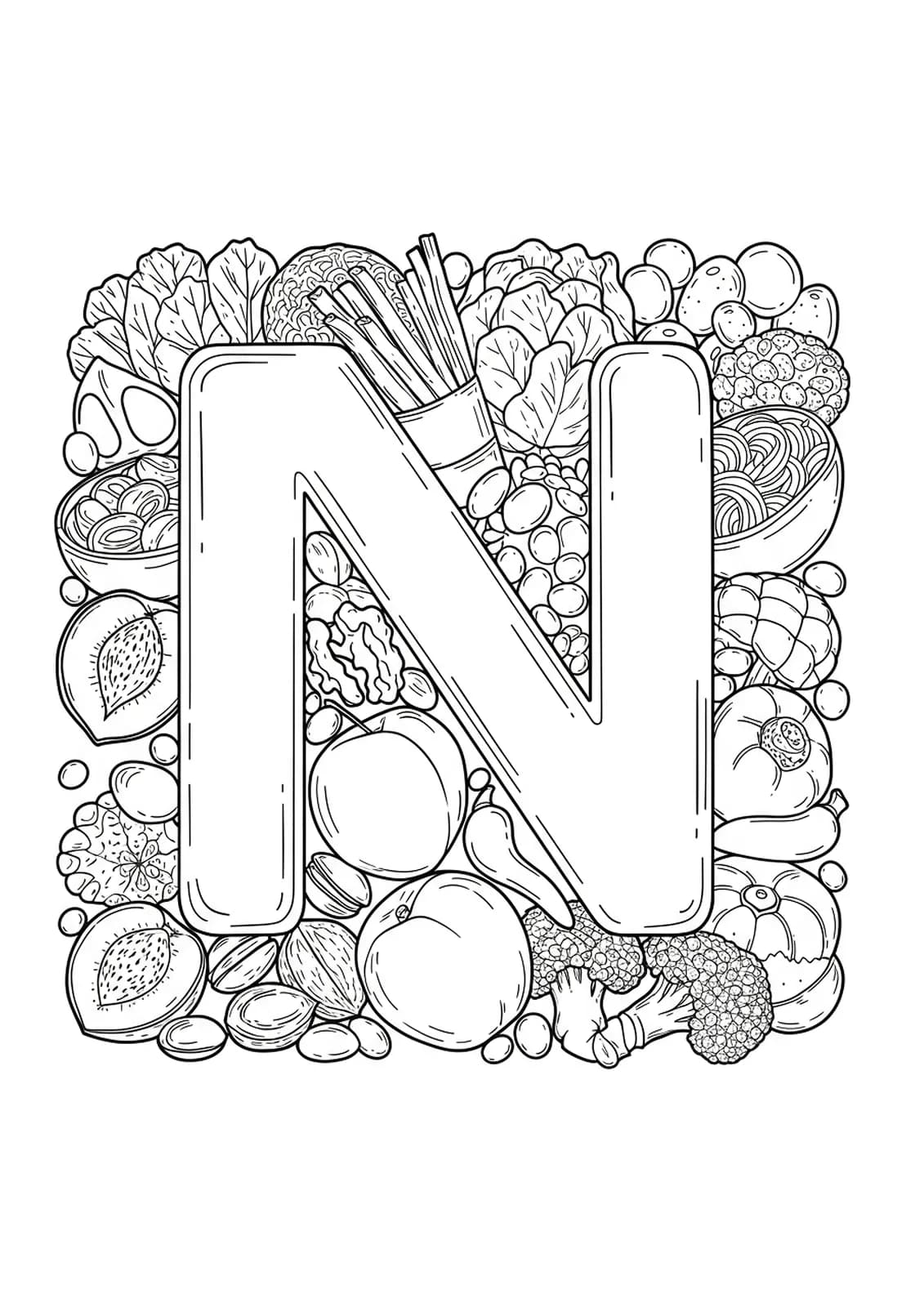 Letter N surrounded by nutritious foods like nuts, nectarines, and noodles, for children to color.