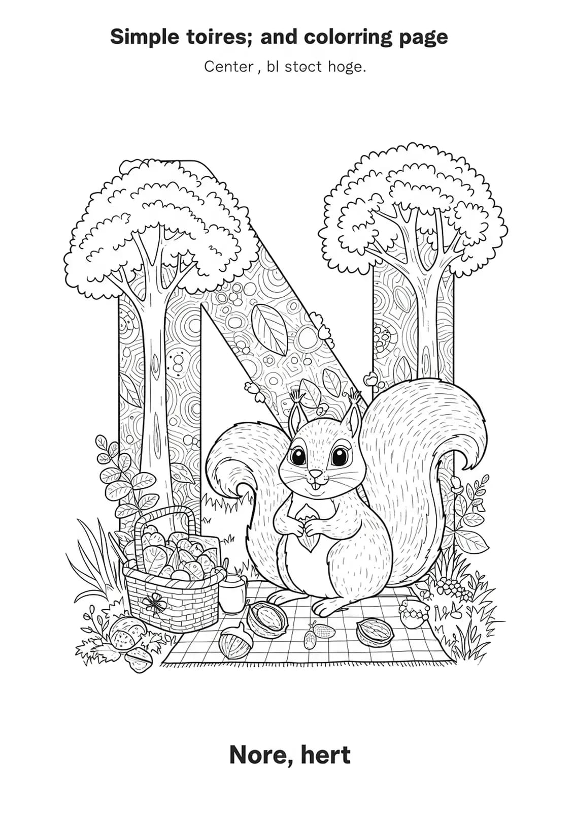 Intricate coloring page with letter N, a squirrel with nuts, patterned picnic blanket, and detailed trees.