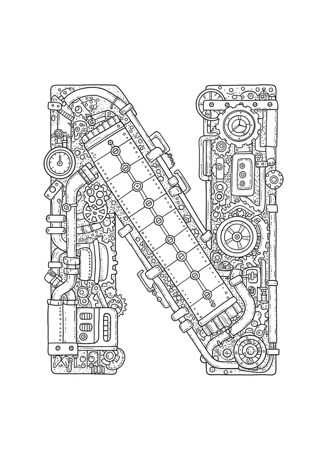 Letter N decorated with detailed steampunk gears, pipes, cogs, and mechanical Victorian elements.