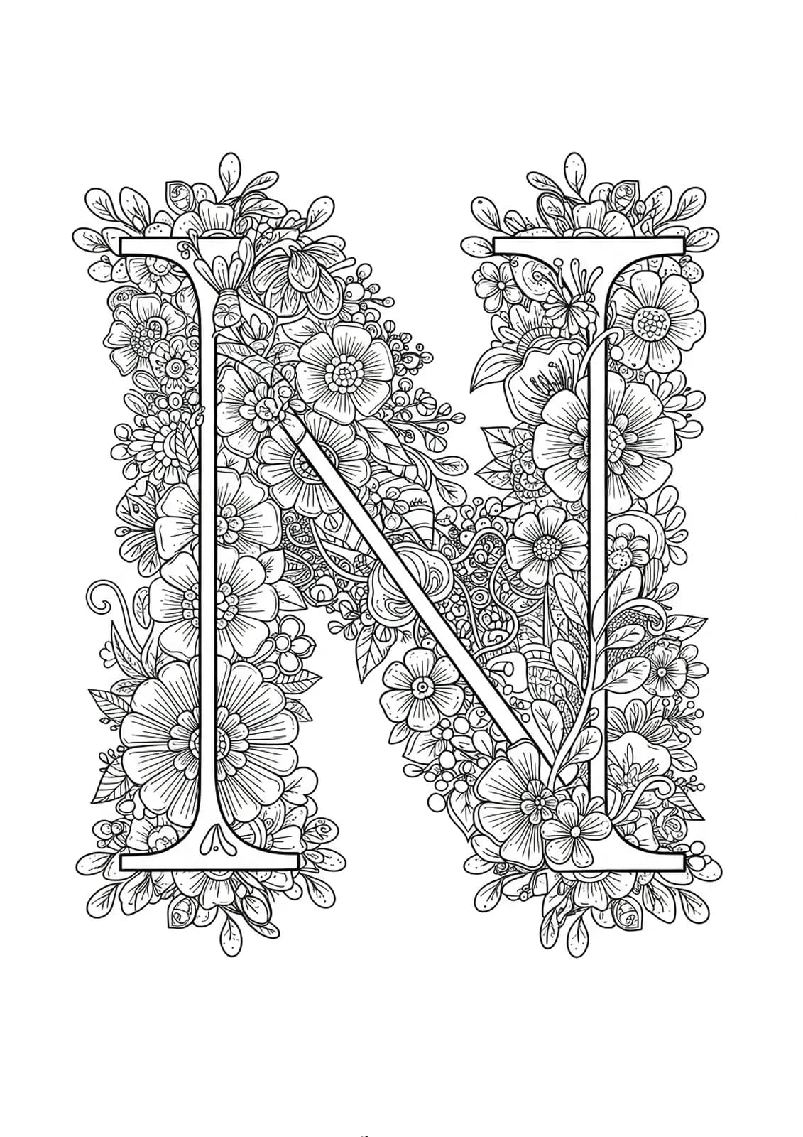 Letter N encircled by intricate botanical mandala patterns with detailed leaves and flowers.