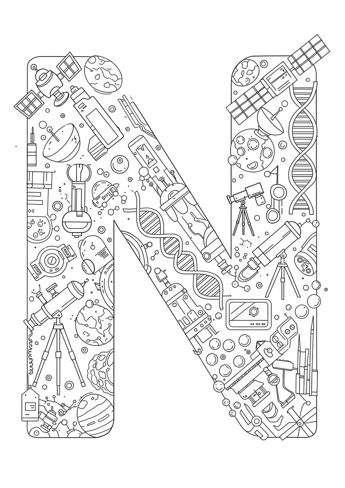 Letter N surrounded by detailed science and space tech icons, including satellites, DNA, and telescopes.