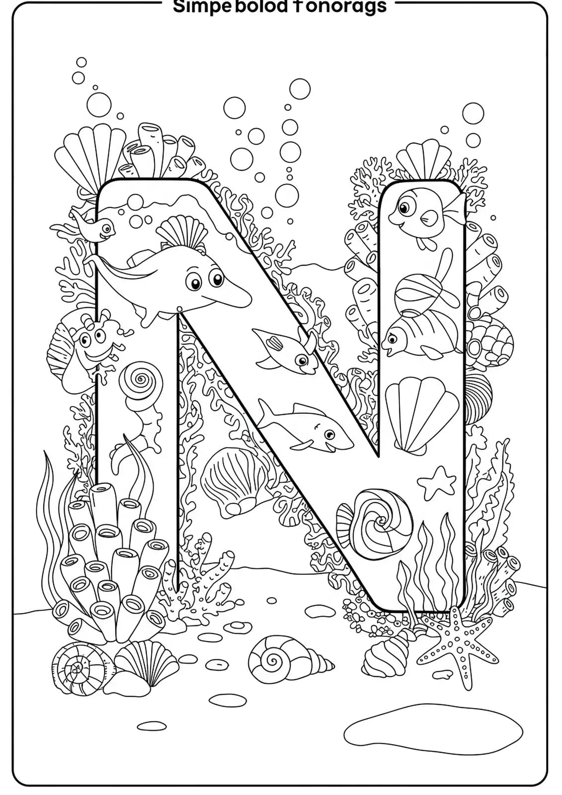 Detailed coloring page showing letter N among underwater animals, coral, and shells, all with fine intricate patterns.
