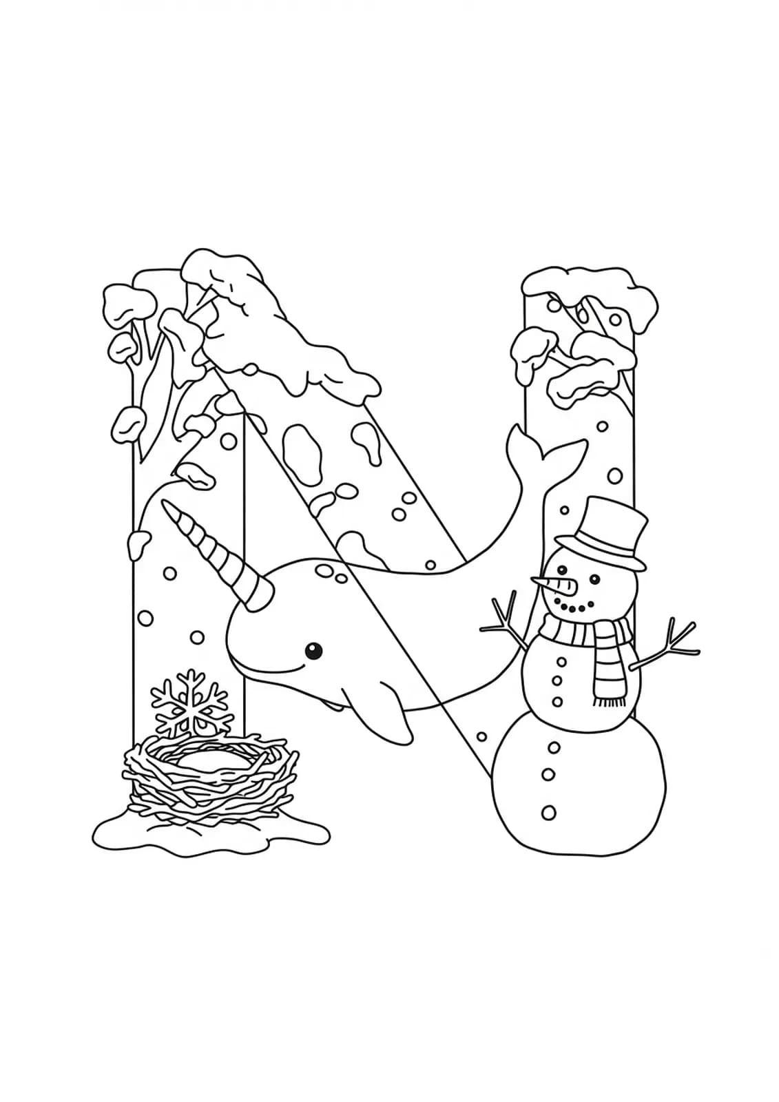 Letter N in a snowy scene with a narwhal, nest in a tree, and snowman, designed for kids.