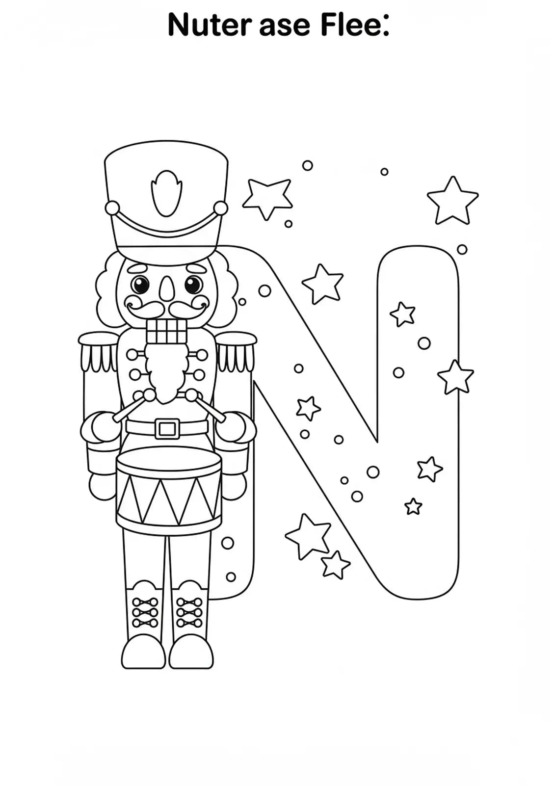 Letter N with a friendly nutcracker holding a drum, surrounded by stars for coloring.