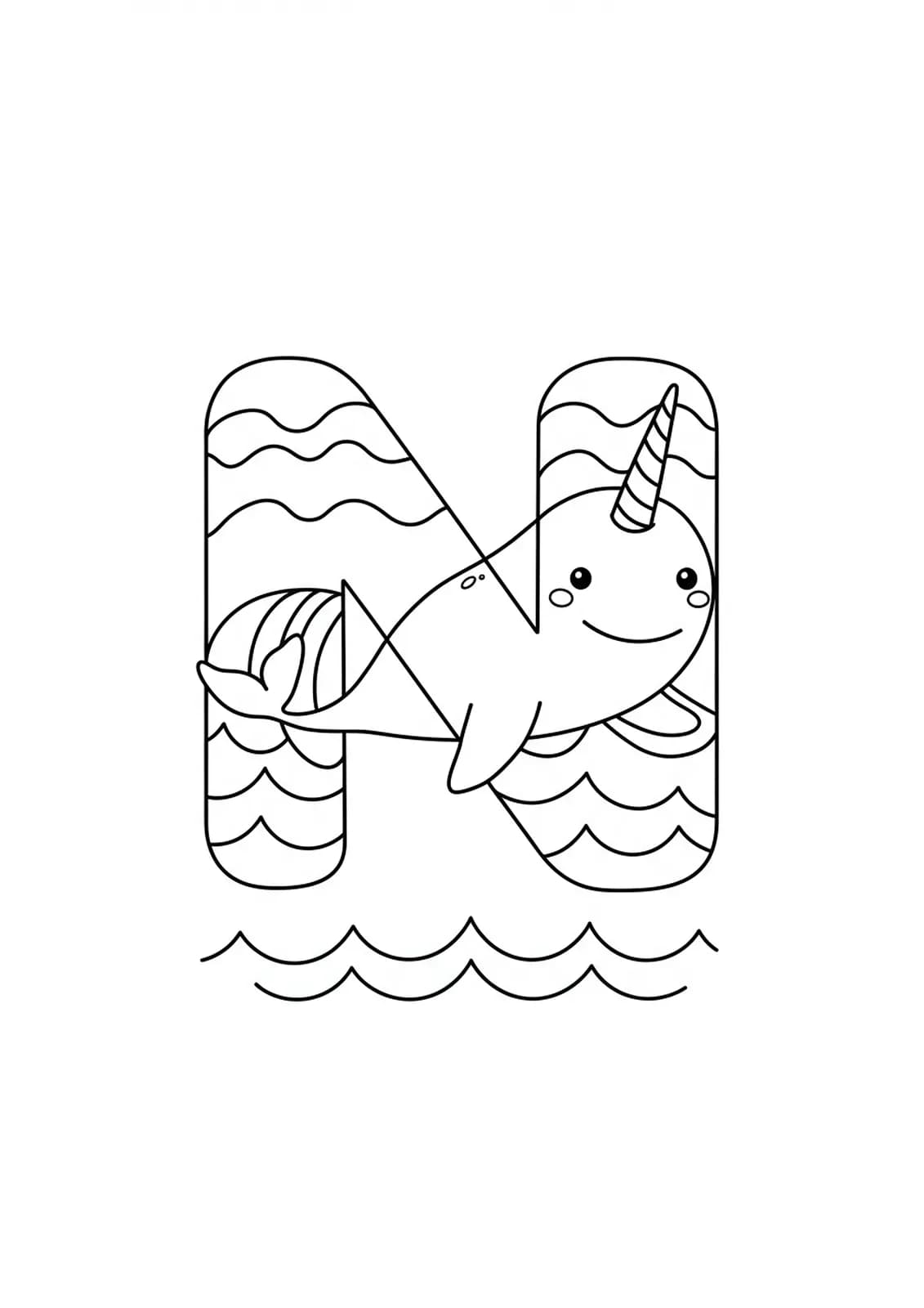 Large letter N with a smiling narwhal swimming beside it, with some simple waves.