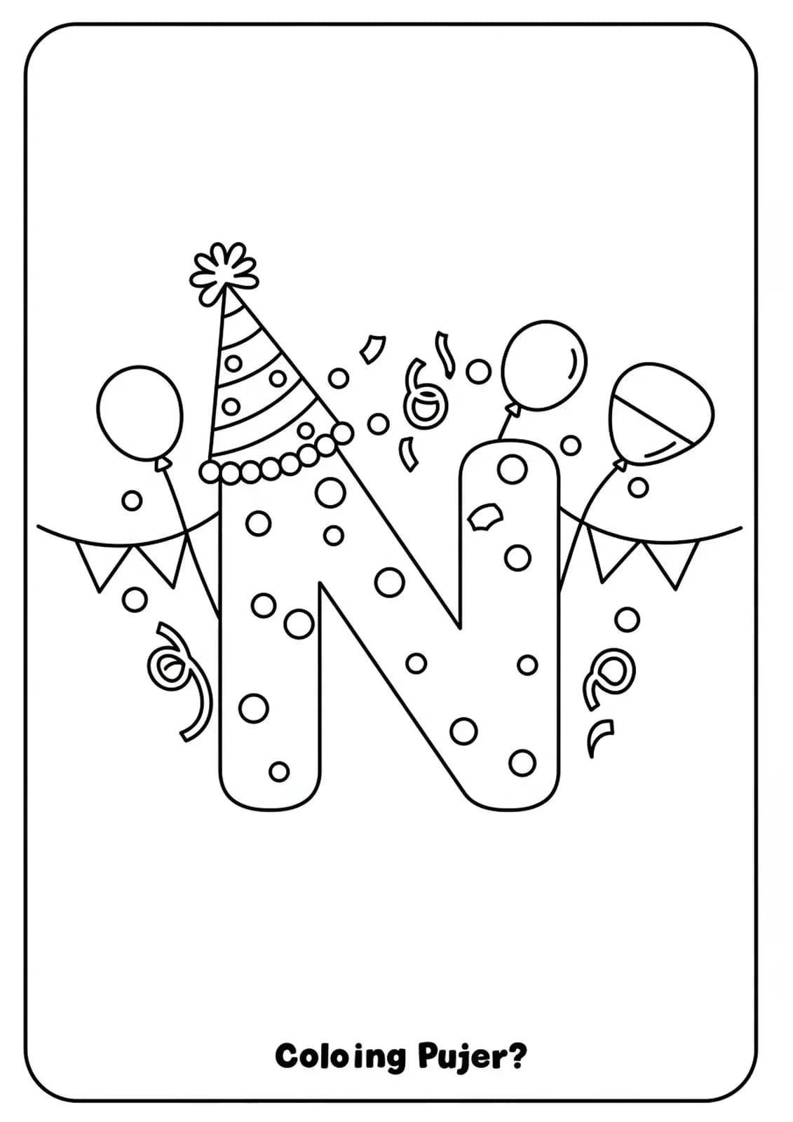 Big letter N wearing a party hat with confetti and streamers around.
