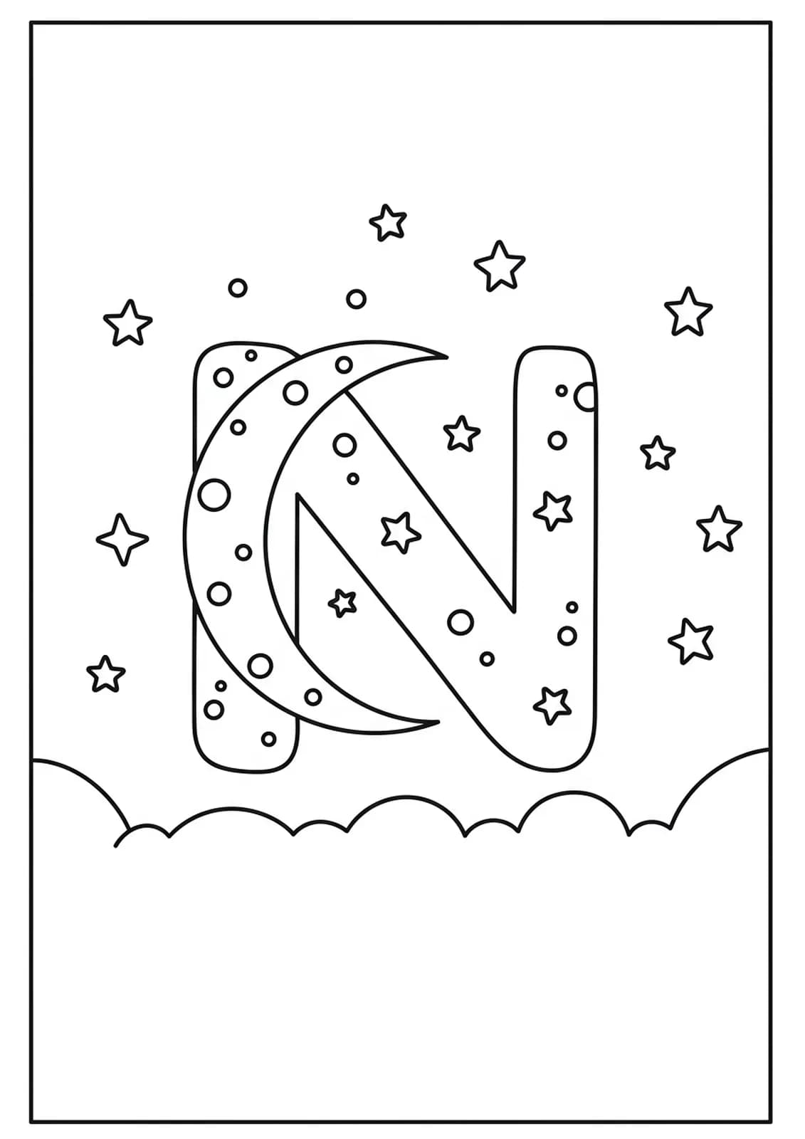 Large letter N with a crescent moon and several five-pointed stars around it.
