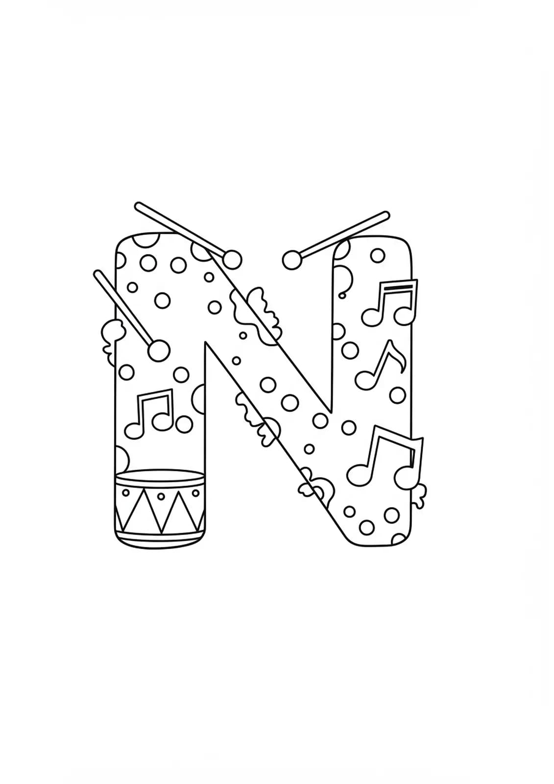 Big letter N with a drum and drumsticks, with musical notes floating around.