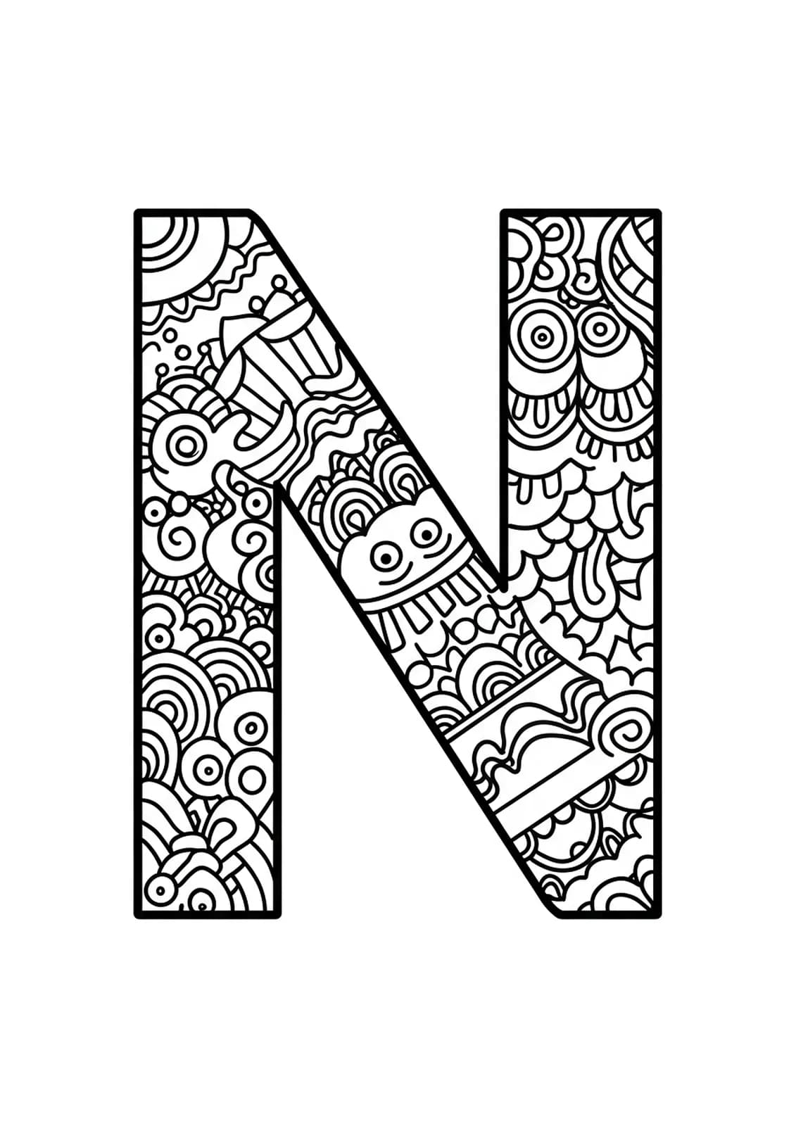 Easy geometric patterns with letter N in the center for adult coloring