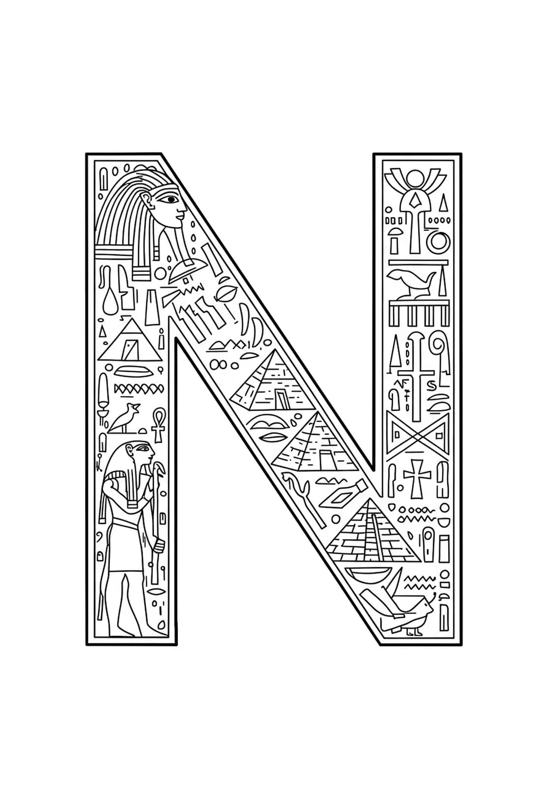 Letter N embellished with Egyptian hieroglyphics, pyramids, and ancient symbols.
