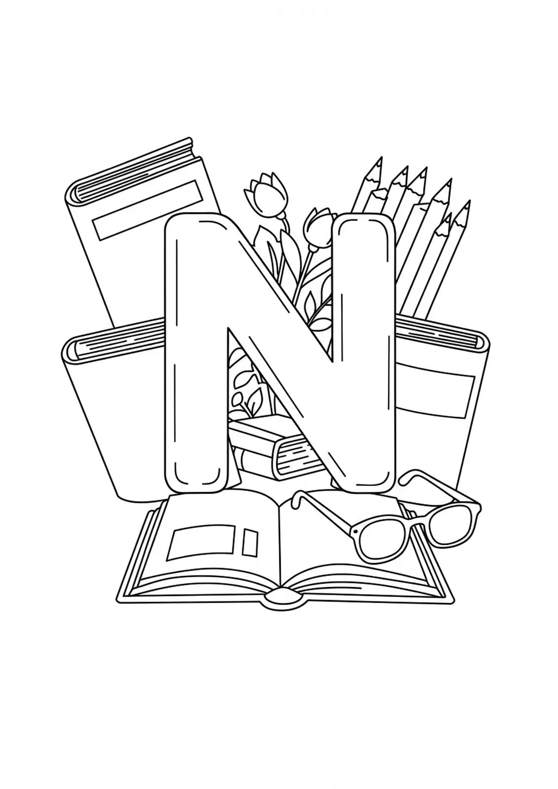 Easy books and reading elements with letter N for adult coloring